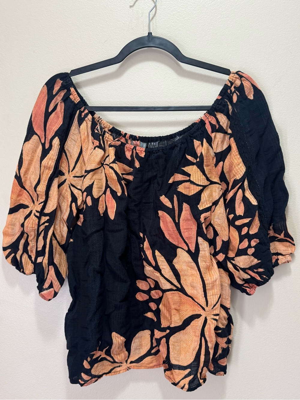 Anthropologie Black and Orange/Peach Leaf Print Off Shoulder Blouse